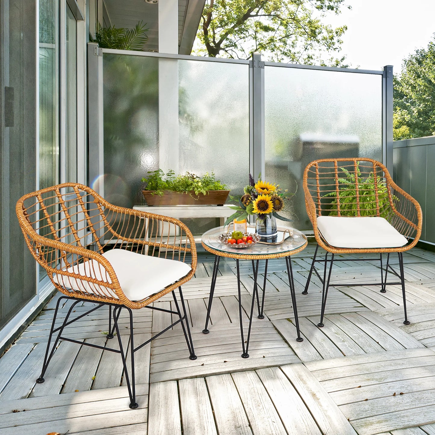 3PCS Patio Rattan Bistro Furniture Set Cushioned Chair Table Grey