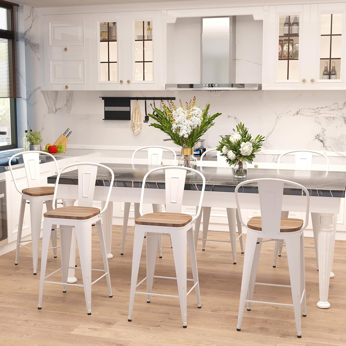 Metal Bar Stools Set of 4,26 Inch Barstools Counter Height Bar Stool with Backs Farmhouse Bar Stools with Larger Seat High Back Kitchen Dining Chairs Modern Bar Chairs White Cream Stool