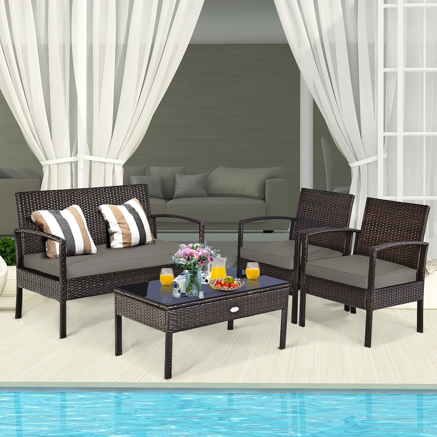 HW63756 4PCS Patio Rattan Furniture Set Garden Deck