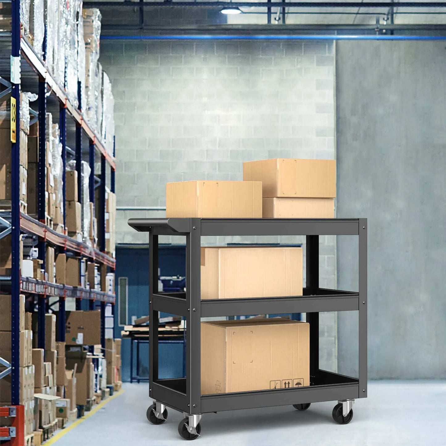 3-Tier Metal Utility Cart 400 Lbs Storage Service Trolley Tool Storage Black