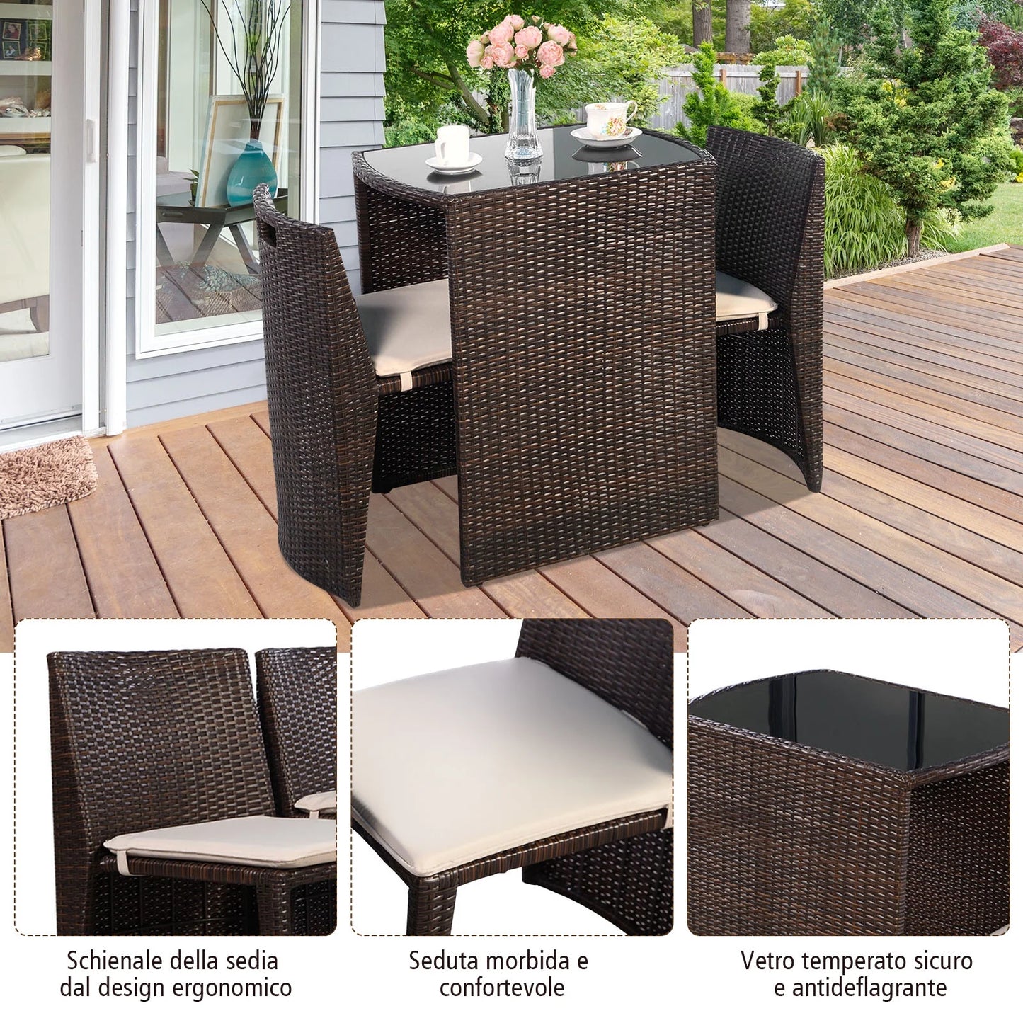 3 PCS Cushioned Outdoor Wicker Patio Set Garden Lawn Sofa Furniture Seat Brown No Assembly