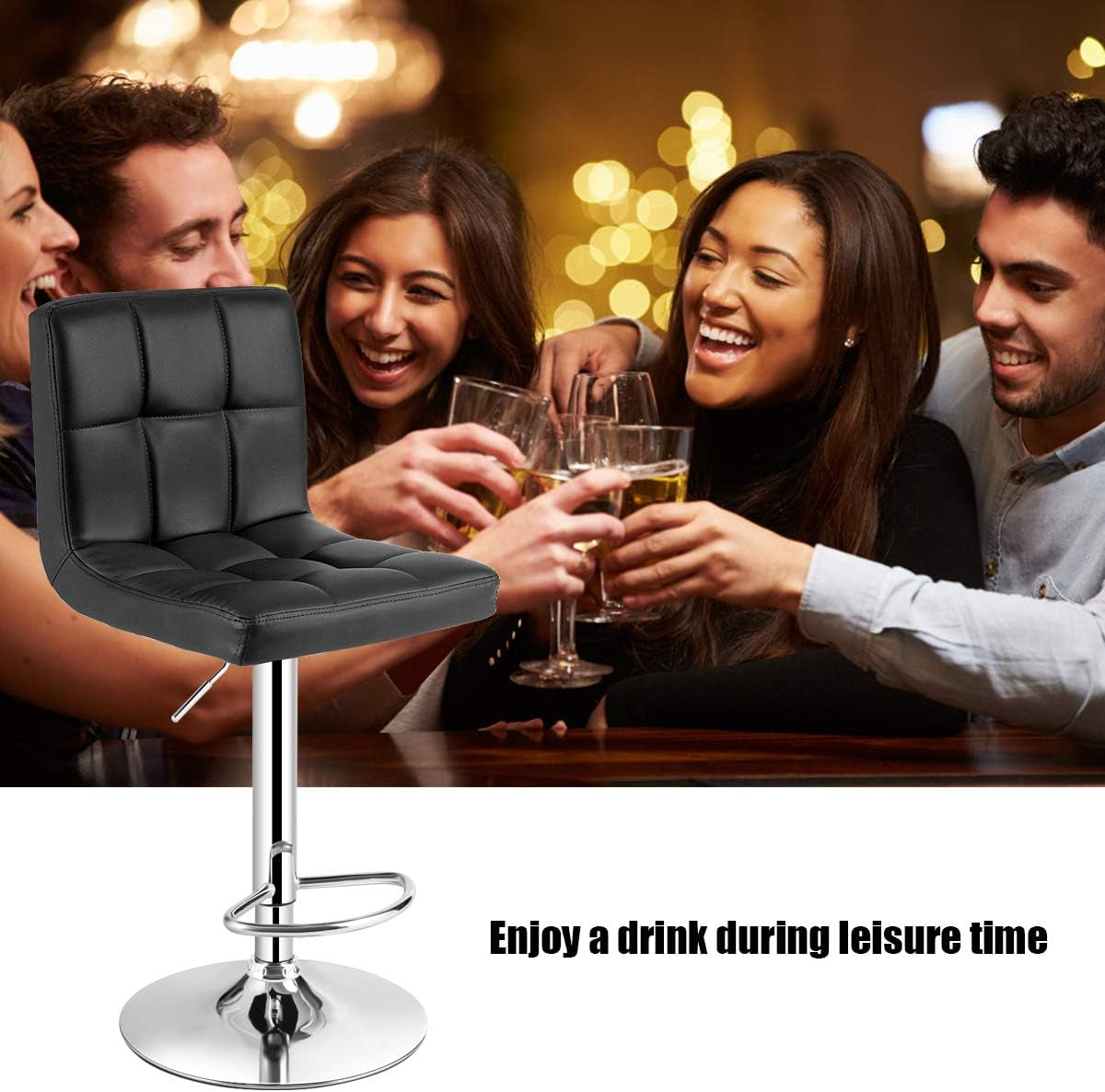 Adjustable Bar Stools Set of 2, Modern Swivel PU Leather Bar Chair with Backrest, Soft Cushioned Seat, Footrest, Sturdy Metal Frame, Comfortable Barstools for Kitchen Island, Pub, Black