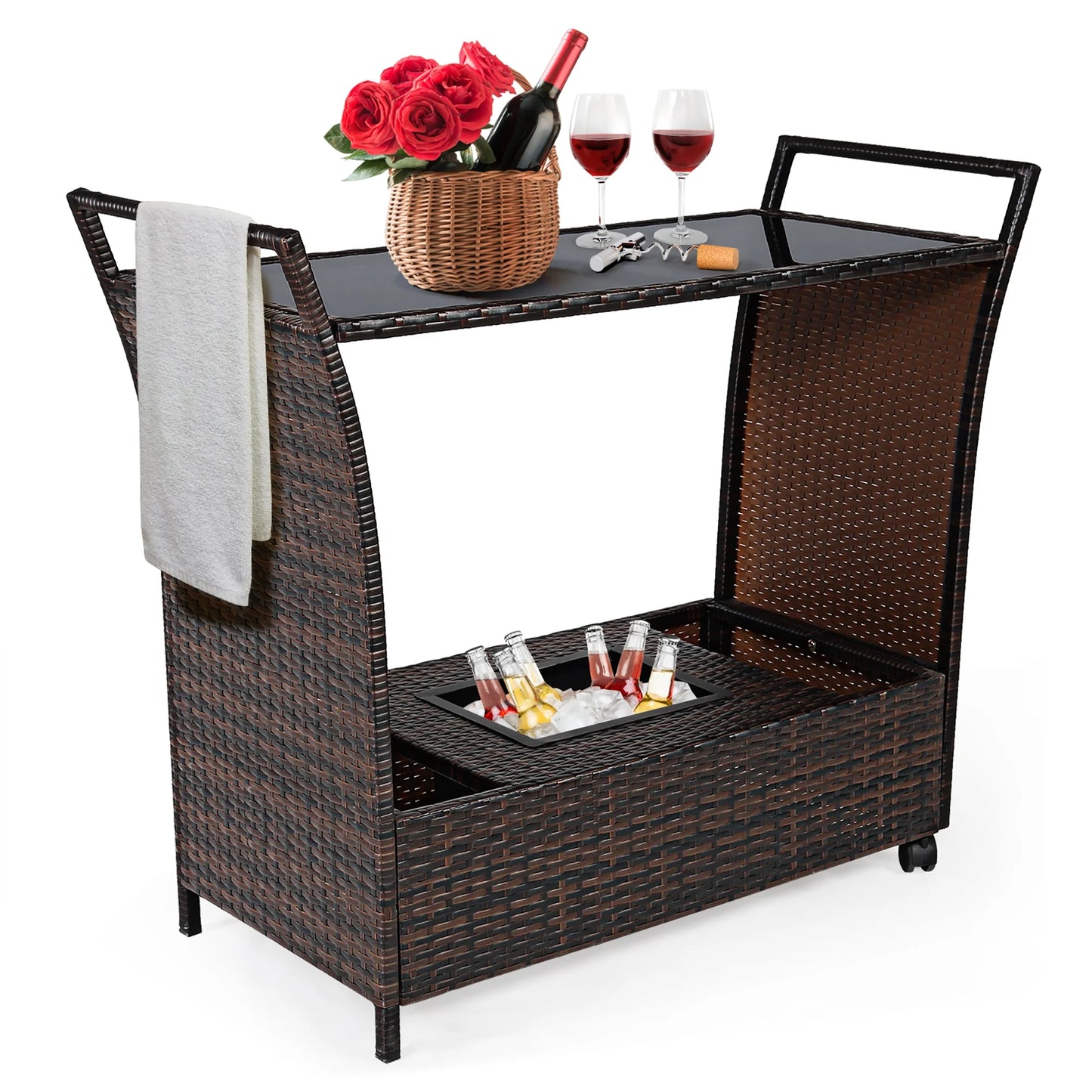 Patio Rolling Rattan Kitchen Trolley Cart Dining Aluminum Frame with Storage Box