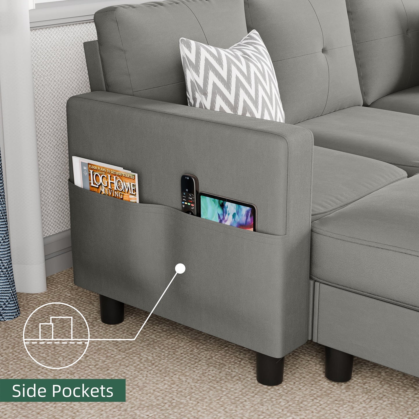 78" Convertible Sectional Sofa Couch L Shaped Couch Sofa for Living Room,Small 3 Seater Sofa Couch with Storage Ottoman and Side Pockets(Light Gray)