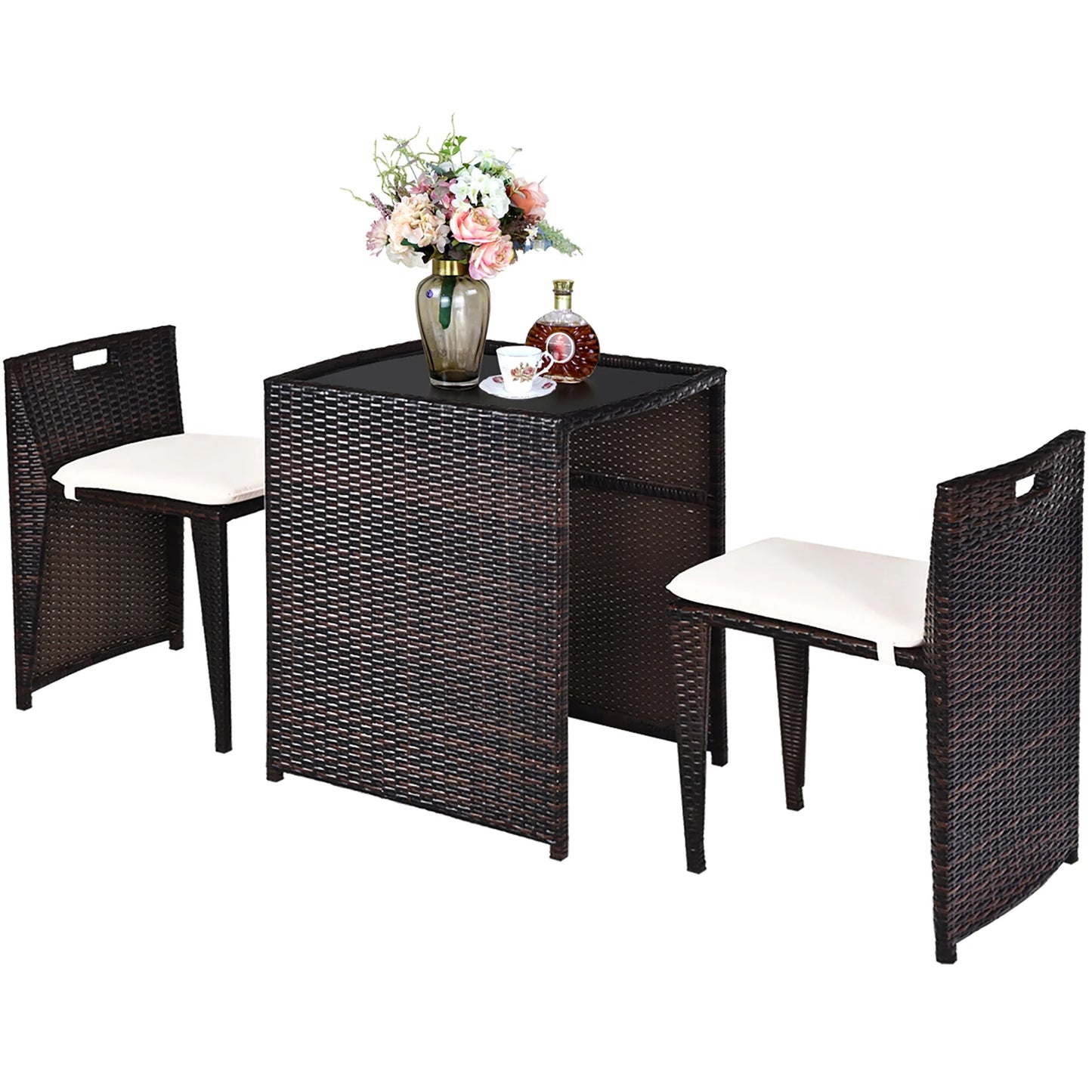 3PCS Outdoor Patio Rattan Furniture Set Space Saving Garden Deck W/Cushion No Assembly