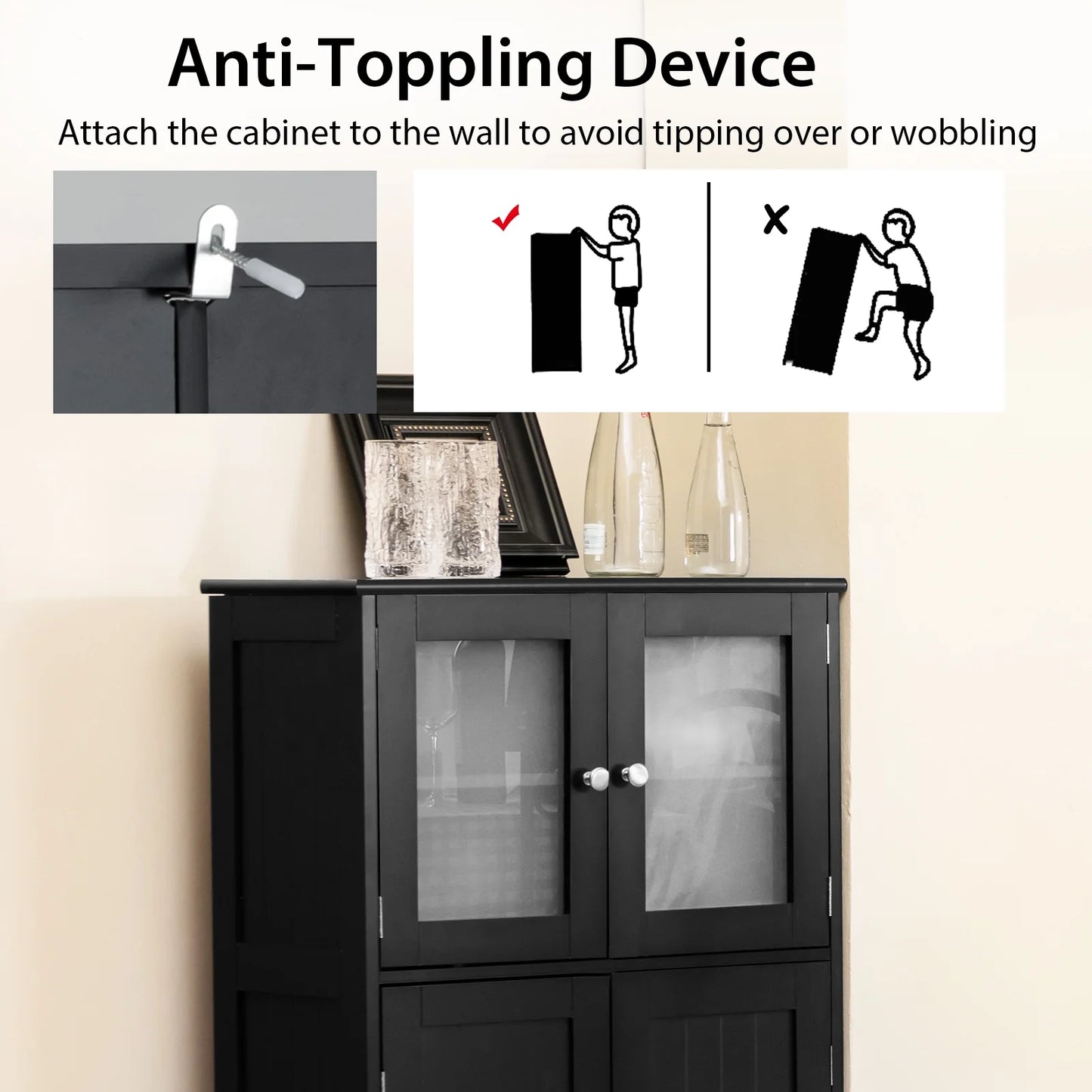 Bathroom Floor Storage Cabinet Kitchen Cupboard W/Doors&Adjustable Shelf Black