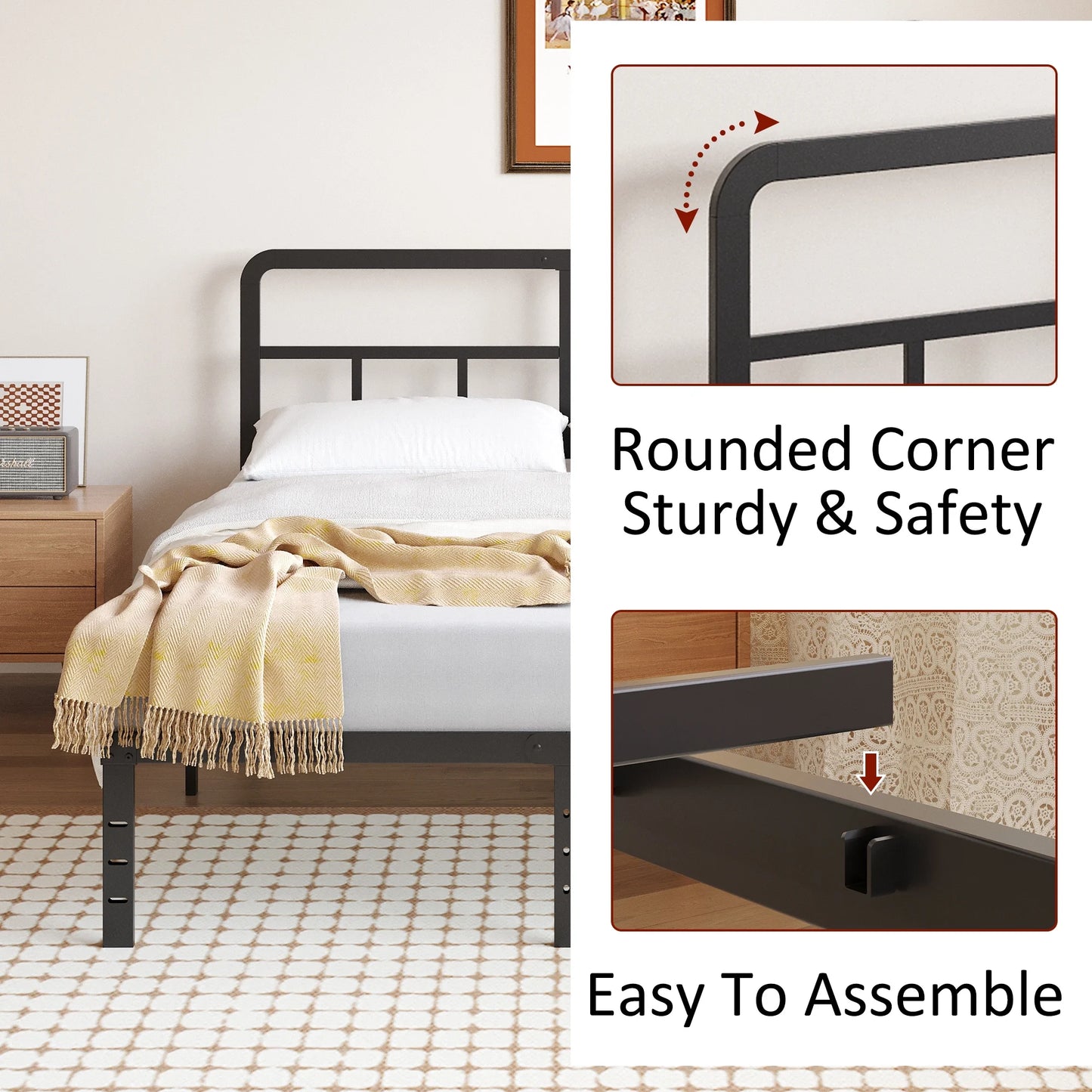 Metal Platform California King Bed Frames with Headboard, 14 Inch No Box Spring Needed Heavy Duty Steel Slat Mattress Foundation/Easy Assembly/Noise Free/Black