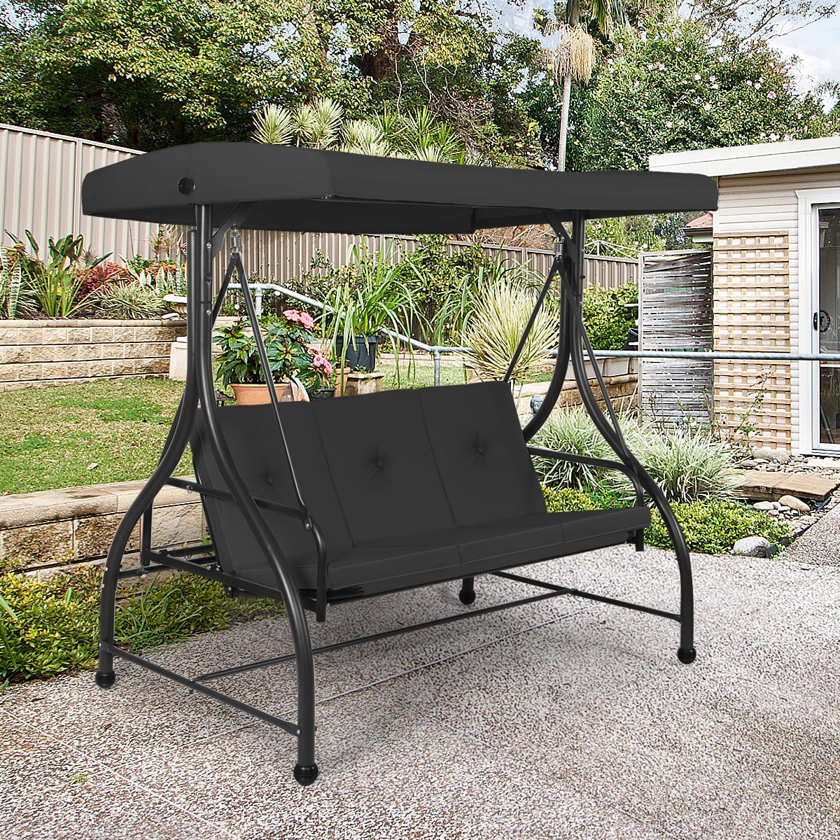 Converting Outdoor Swing Canopy Hammock 3 Seats Patio Deck Furniture Black