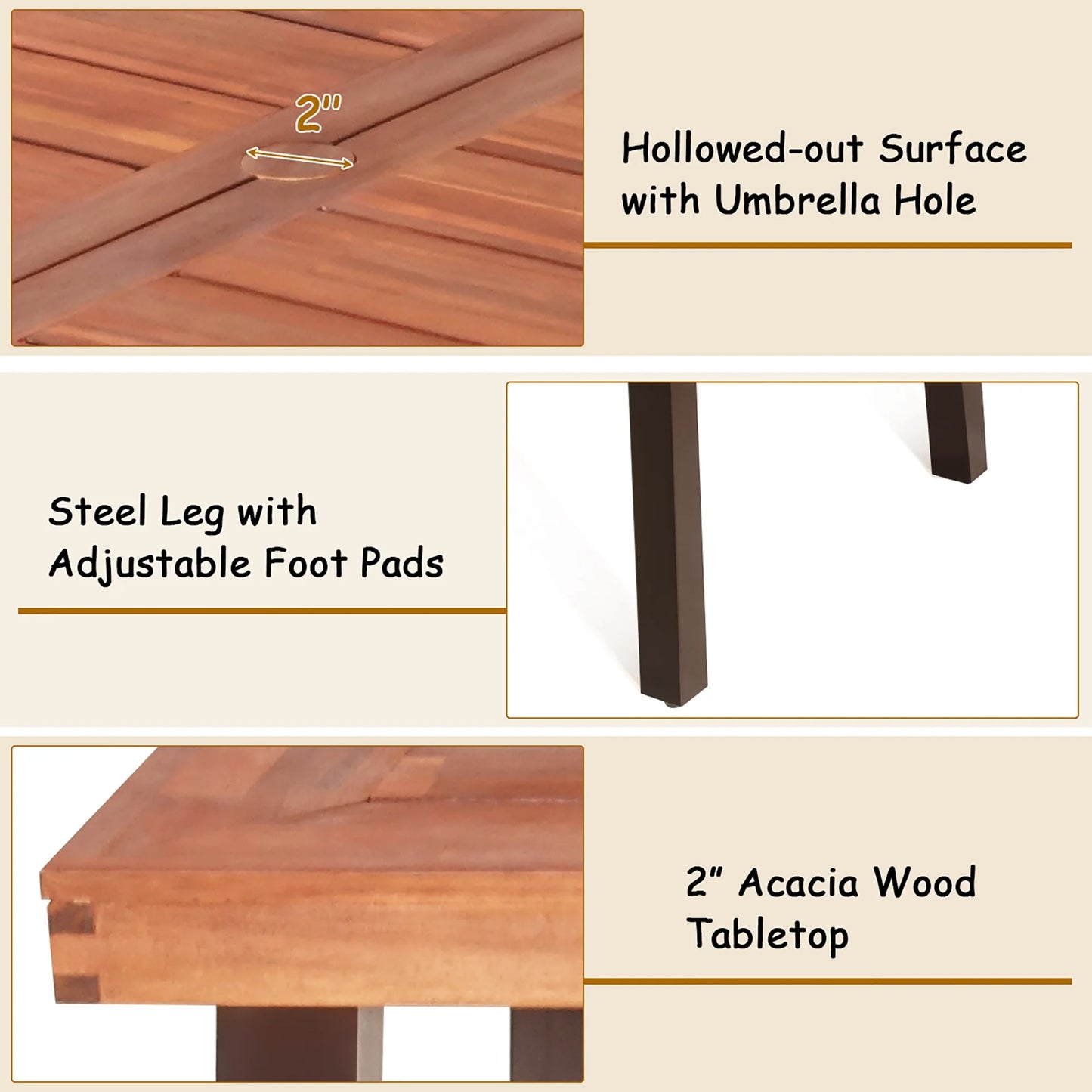 Rectangular Acacia Wood Dining Table Rustic Furniture Indoor &Outdoor