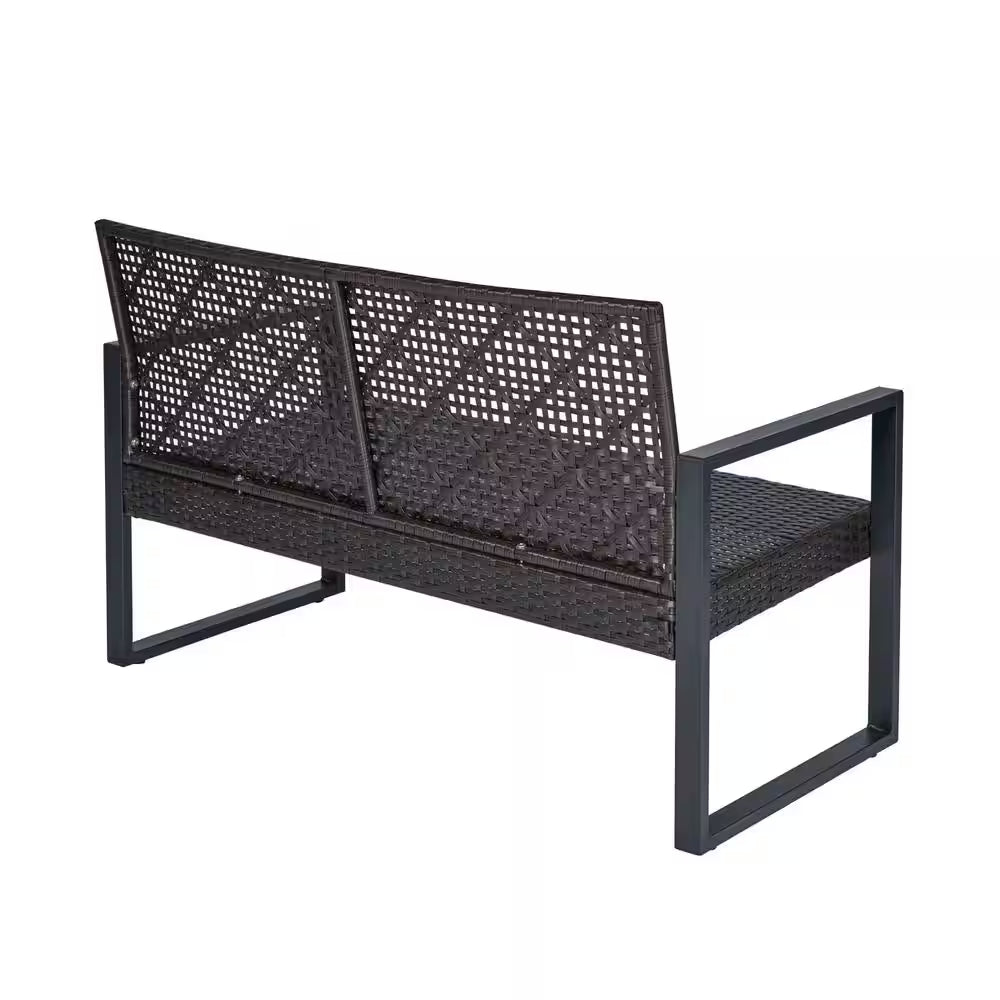 4-Piece Wicker Patio Conversation Set with Cushion, Outdoor Patio Furniture Set with Wood Table Top-Grey Cushions