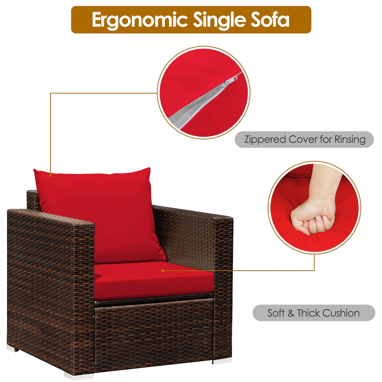 3PCS Patio Rattan Furniture Set Conversation Sofa Cushioned Garden Red