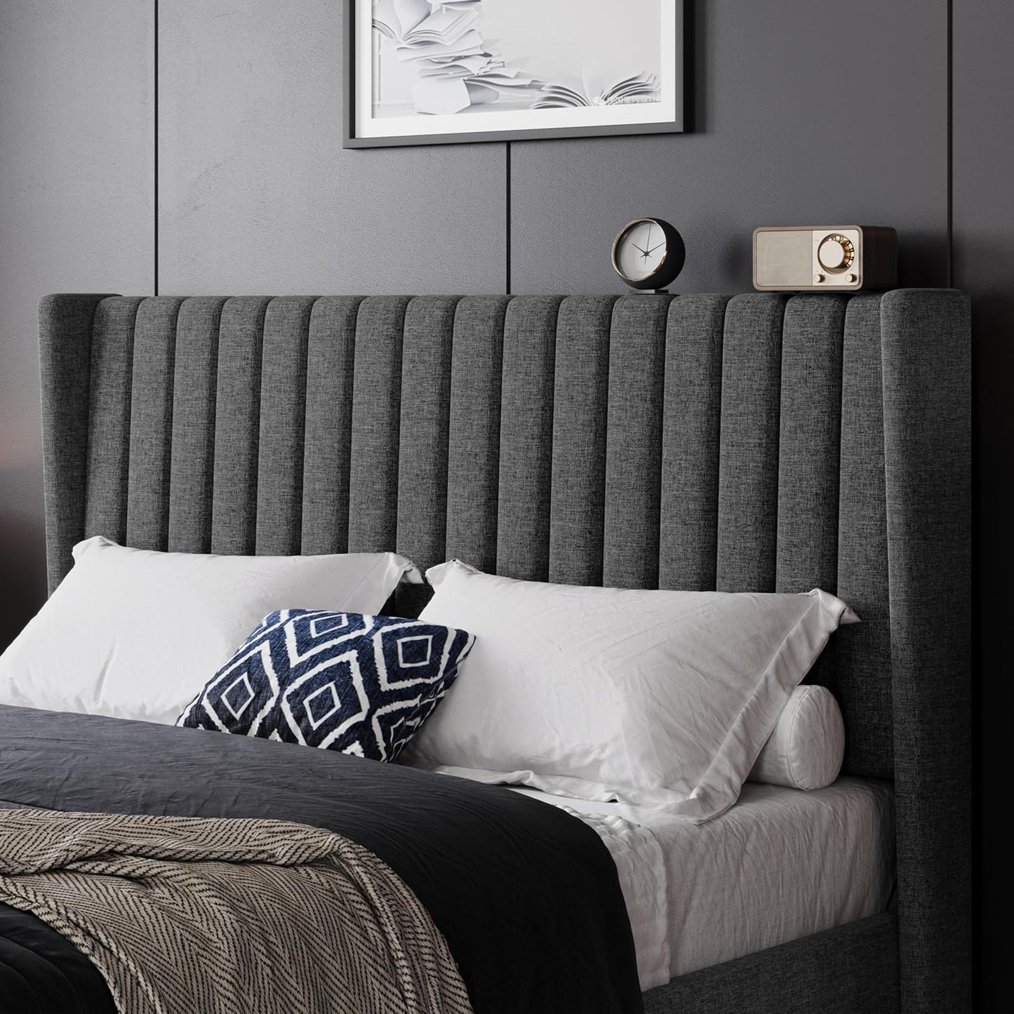 Queen Bed Frame Upholstered Platform Bed with Fabric Headboard, Wing Edge Design/Non-Slip and Noise-Free/Wooden Slats Support/No Box Spring Needed/Easy Assembly, Dark Gray Queen Bed