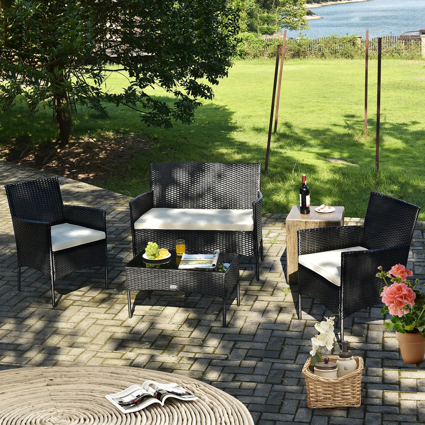 4PCS Patio Rattan Furniture Set Cushioned Sofa Coffee Table Backyard Porch White