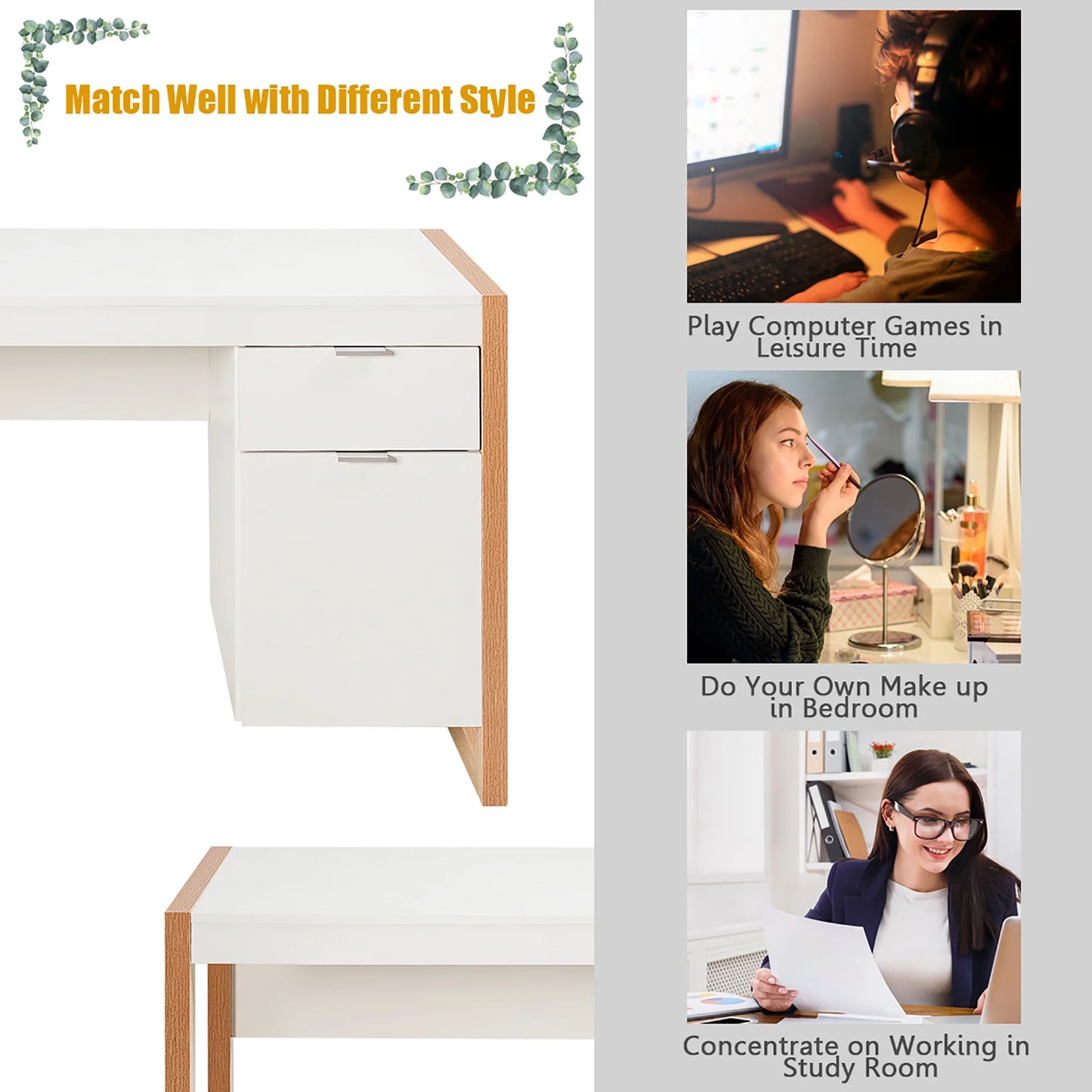 Computer Desk Workstation Table with Drawers Home Office White