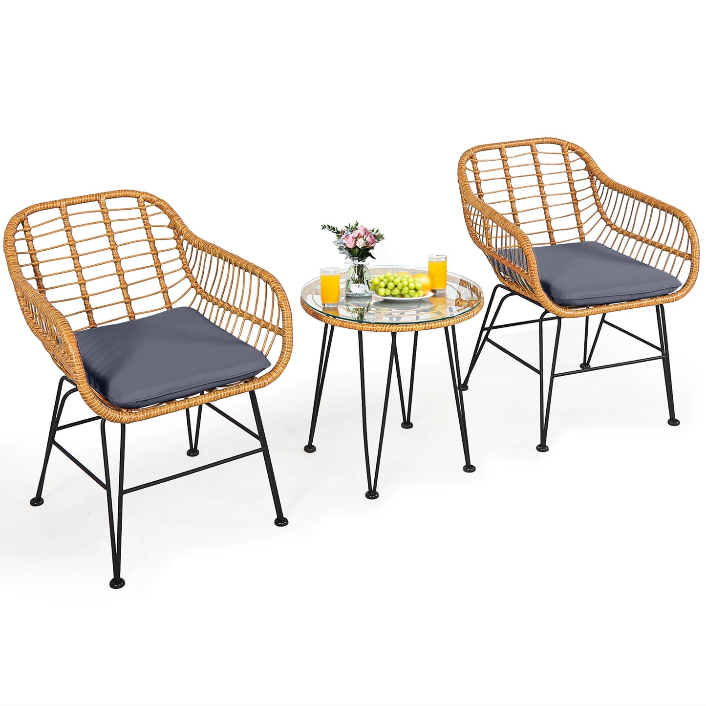 3PCS Patio Rattan Bistro Furniture Set Cushioned Chair Table Grey