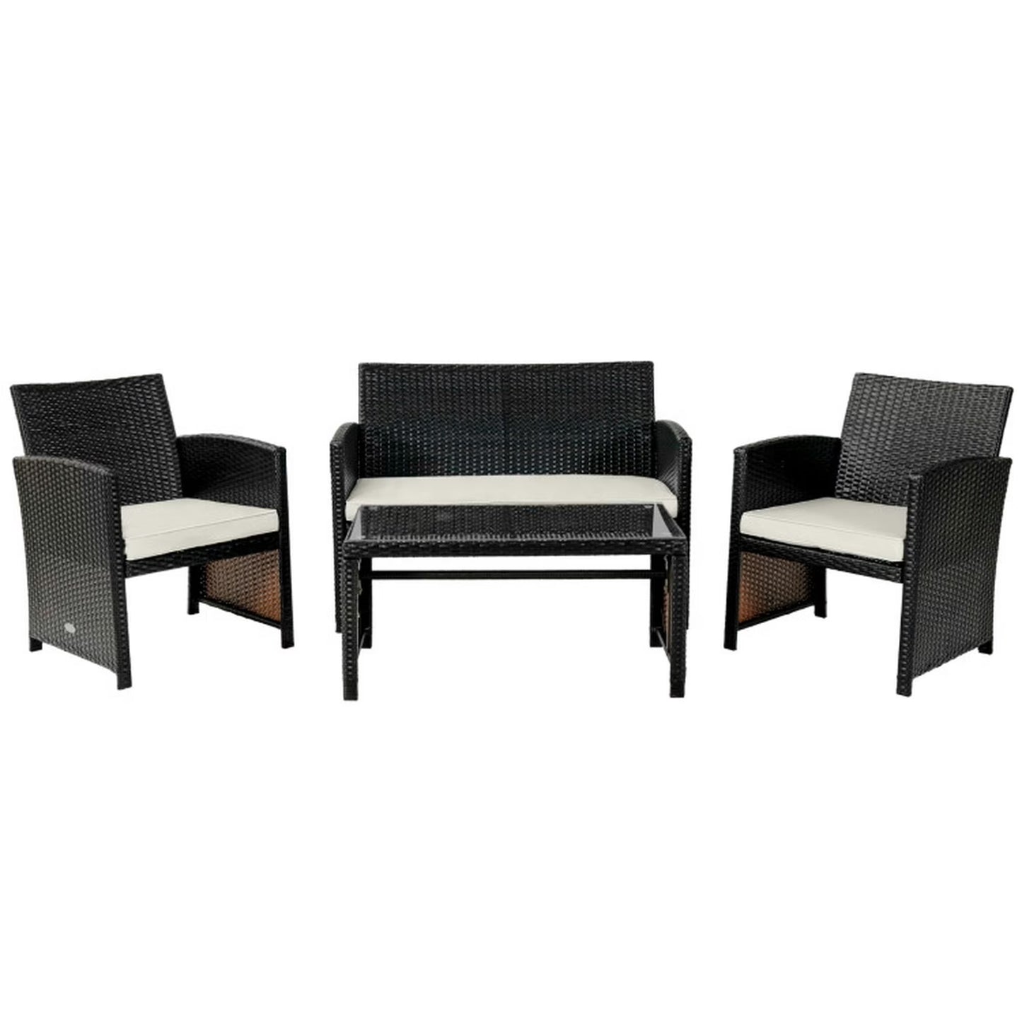 4-Piece Patio Seating Set, Patio Furniture Set, Patio Furniture Set, Wicker Garden Furniture with Wood Table and Legs, PE Rattan Outdoor Sofa Set for Balcony, Beige