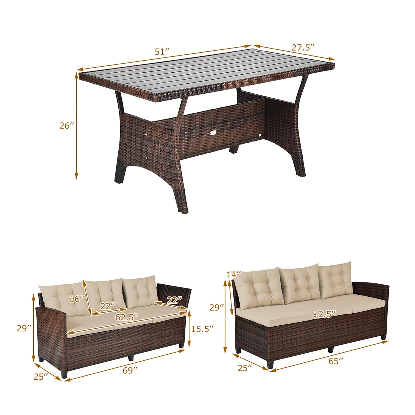 3PCS Rattan Dining Set Patio Furniture 6 Seats Sofa Cushioned