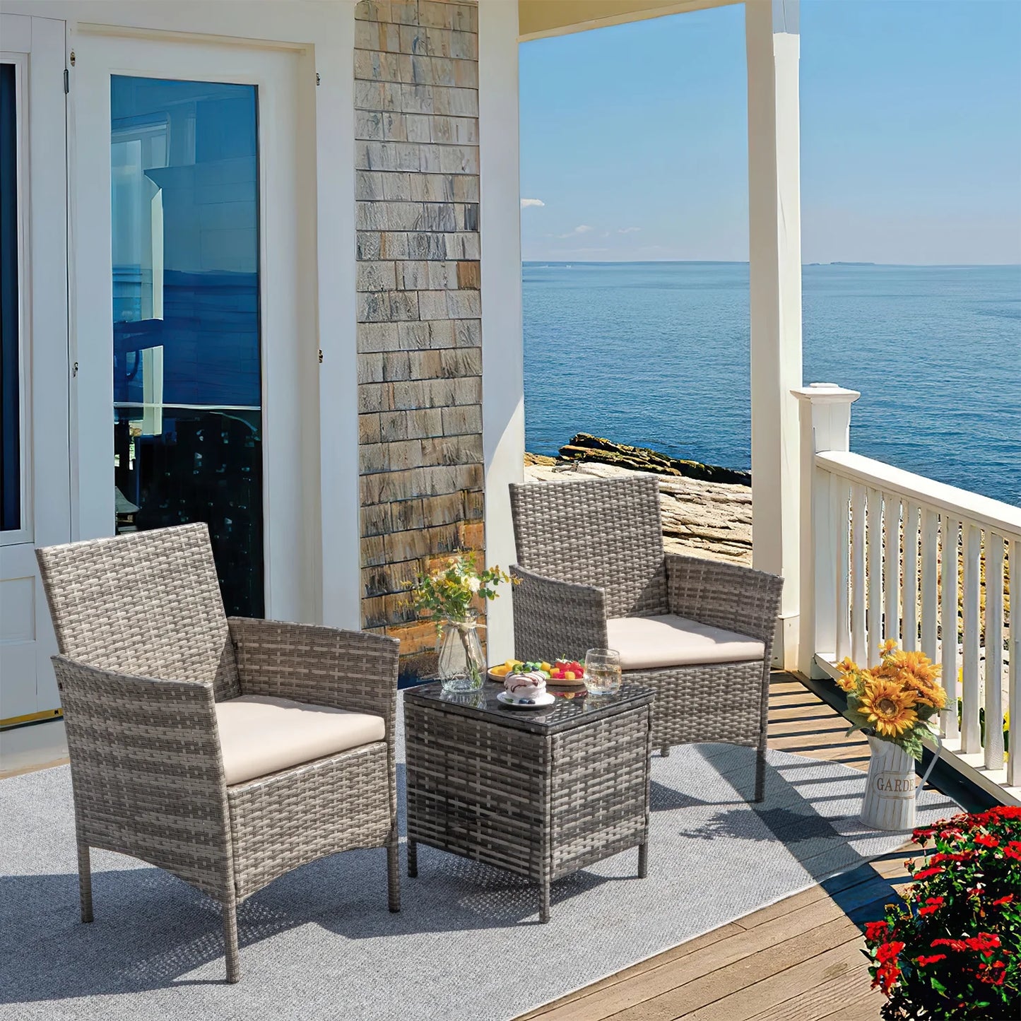 3 Pieces Patio Furniture Set Outdoor PE Rattan Wicker Patio Conversation Set Bistro Set with Tempered Glass and Cushioned Chairs, Brown/Beige