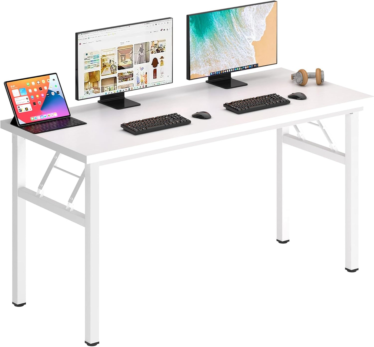 Computer Desk 62 Inches Office Desk Computer Table Study Writing Desk Workstation for Home Office Metal Frame No Install Needed White and White