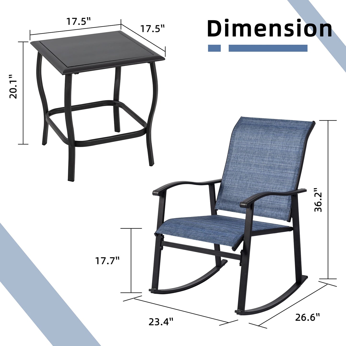 3 Pieces Rocking Bistro Patio Furniture Rocker Set with 2 Outdoor Rocking Chairs and 1 Glass Coffee Table for Porch Deck Lawn,Deep Blue