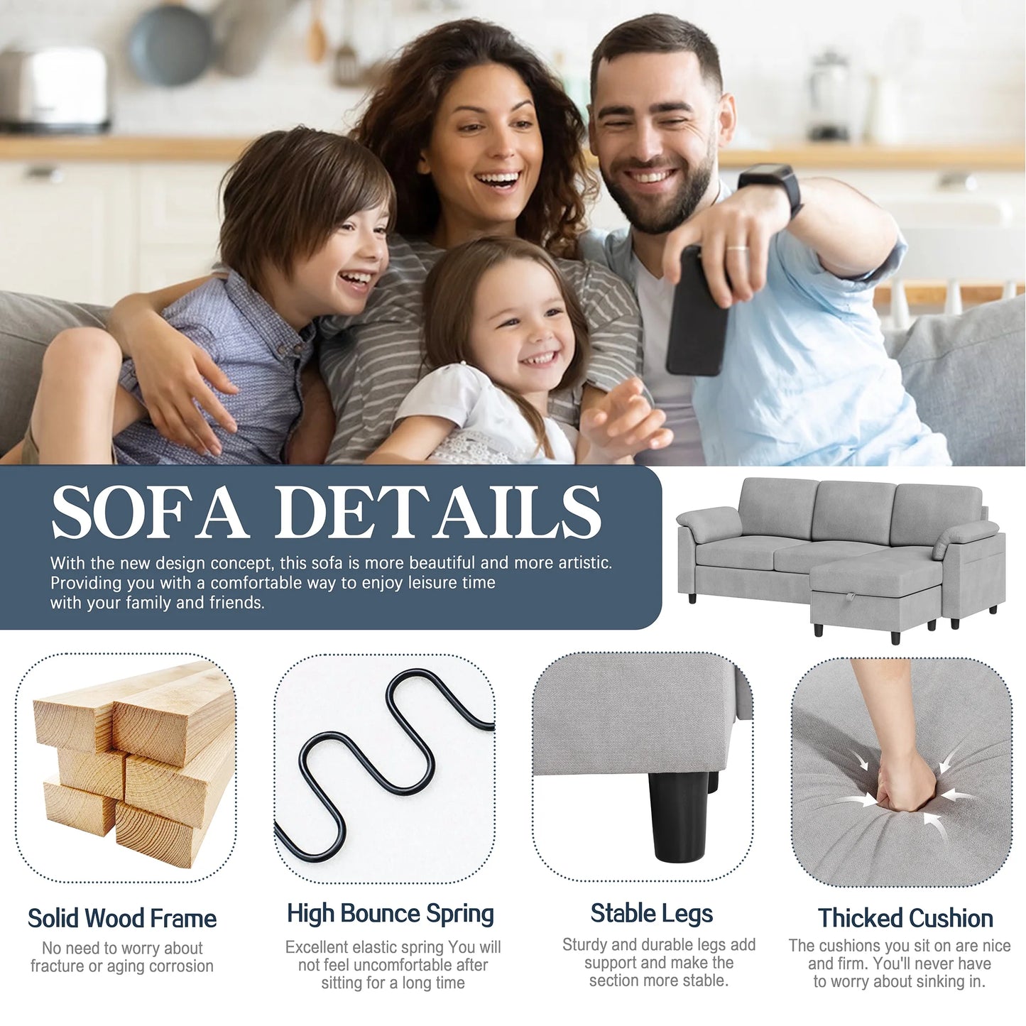 79.1" Sectional Sofa with Movable Storage Ottoman, L-Shaped Convertible Sofa Couch for Small Living Room, Ottoman, L-Shaped Convertible Sofa Couch for Small Living Room, Light Grey