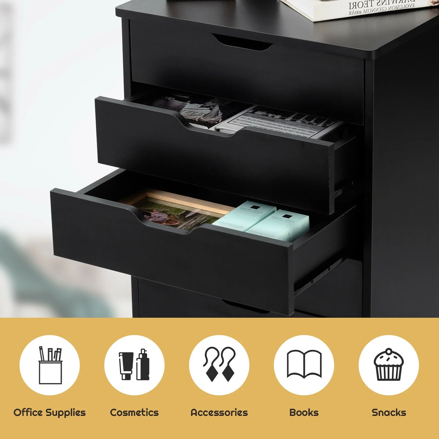 5 Drawer Chest Storage Dresser Floor Cabinet Organizer with Wheels Black