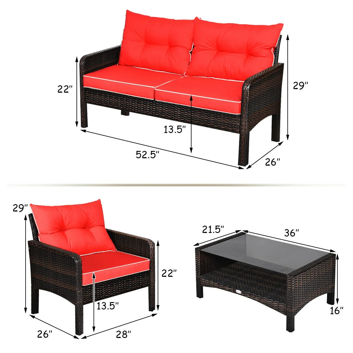 4PCS Patio Rattan Furniture Set Loveseat Sofa Coffee Table Garden W/Red Cushion
