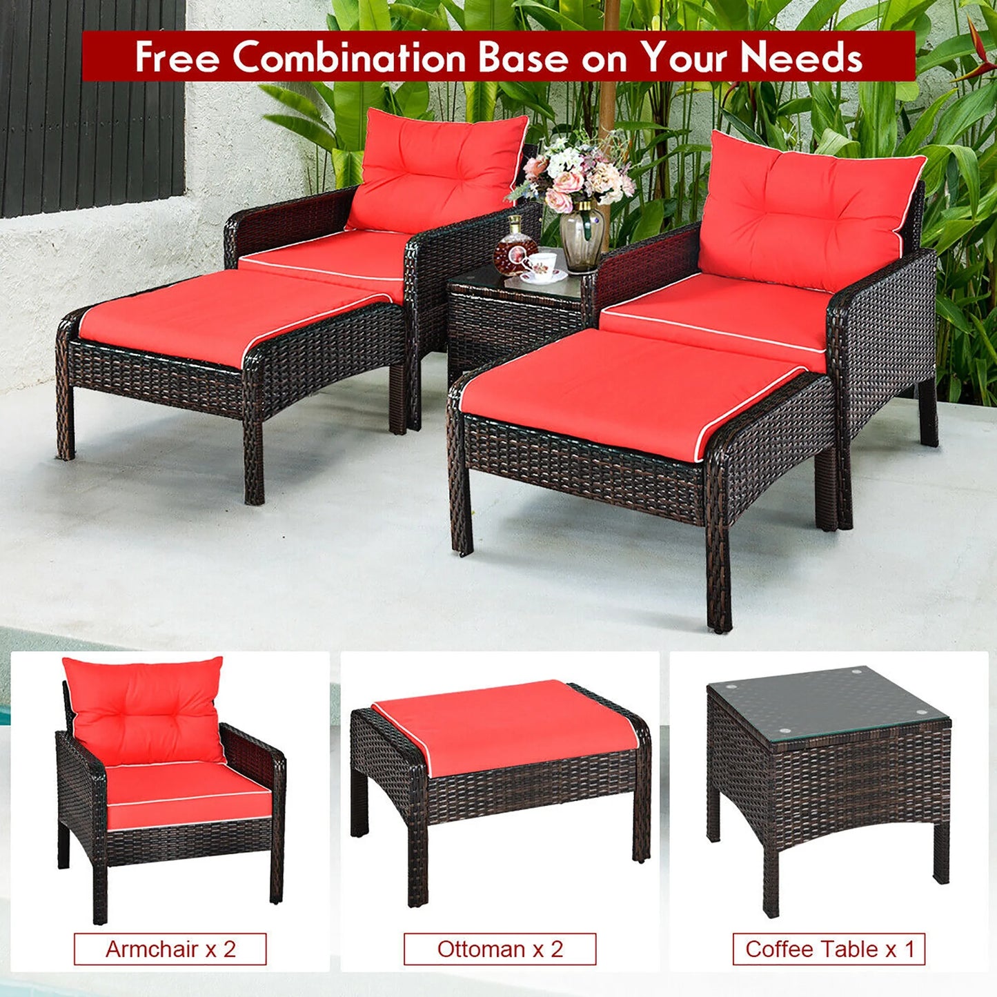5 PCS Patio Rattan Furniture Set Sofa Ottoman Table Cushioned Yard Red