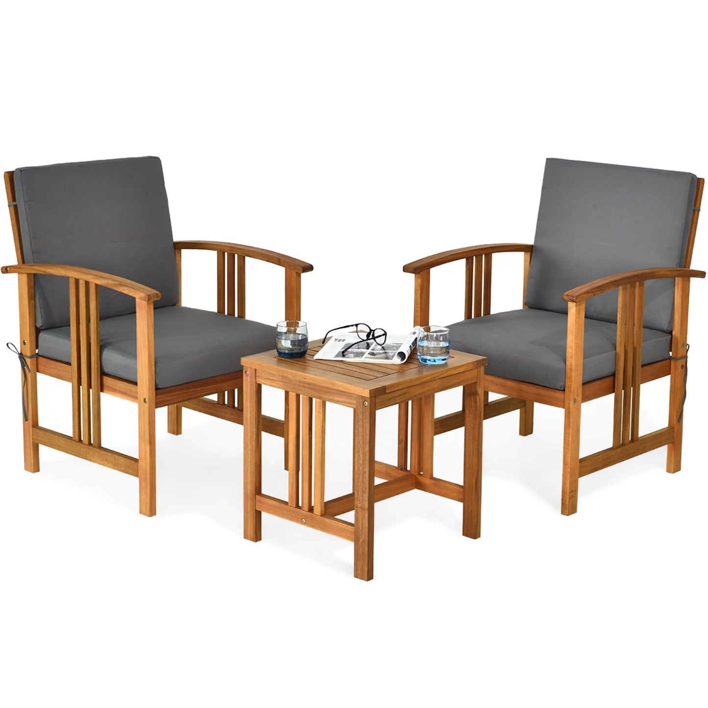 3PCS Solid Wood Patio Furniture Set Table&Chairs Grey Cushion