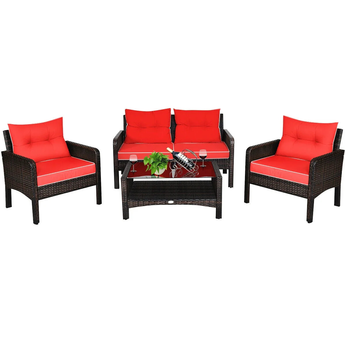 4PCS Patio Rattan Furniture Set Loveseat Sofa Coffee Table Garden W/Red Cushion