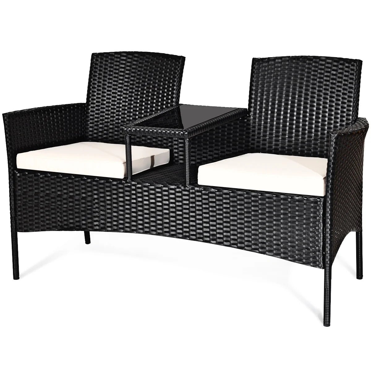 Patio Rattan Conversation Set Seat Sofa Cushioned Loveseat Glass Table Chairs
