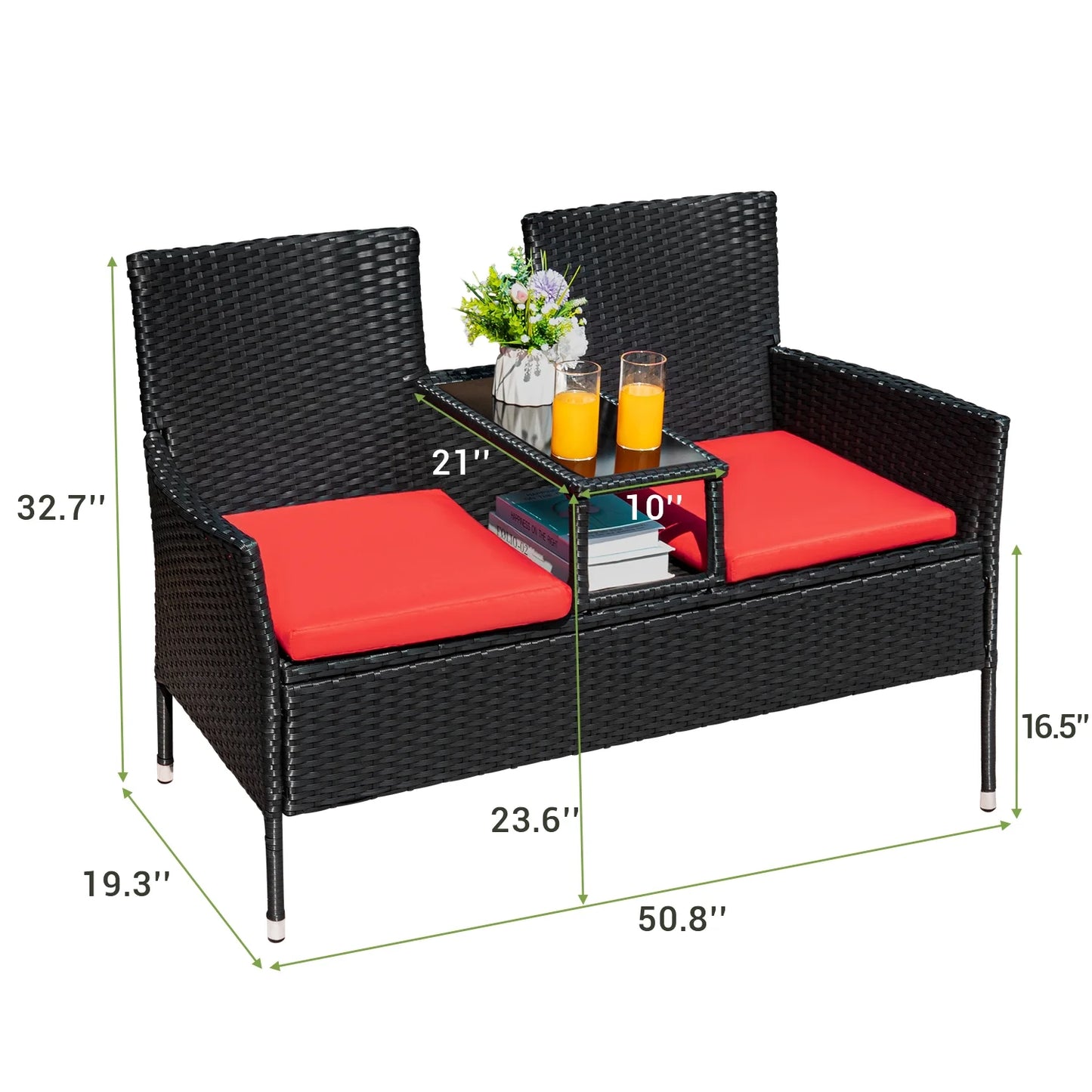 Outdoor Patio Loveseat Modern Rattan Patio Conversation Furniture Set with Cushions and Built-In Coffee Table Porch Furniture for Garden Lawn Backyard, Red