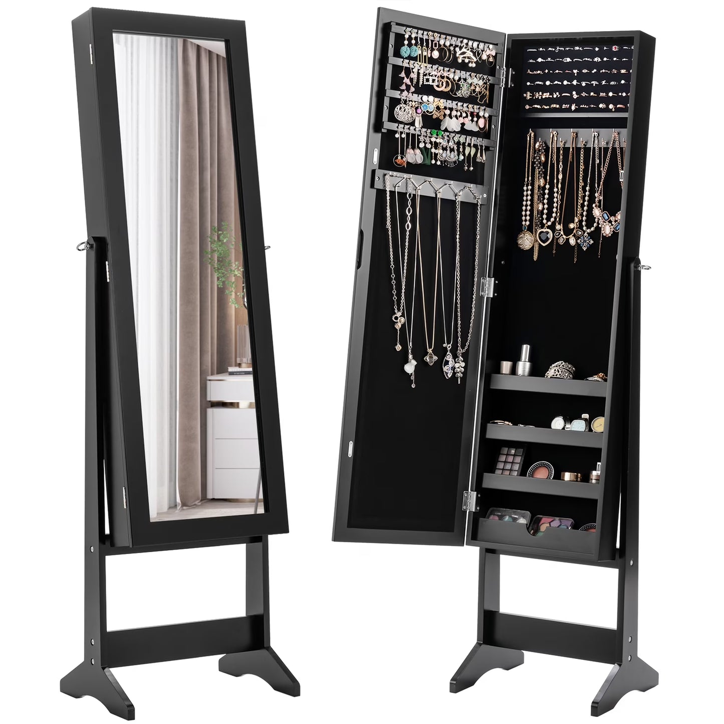Mirrored Jewelry Cabinet Mirror Organizer Storage Ring Stand