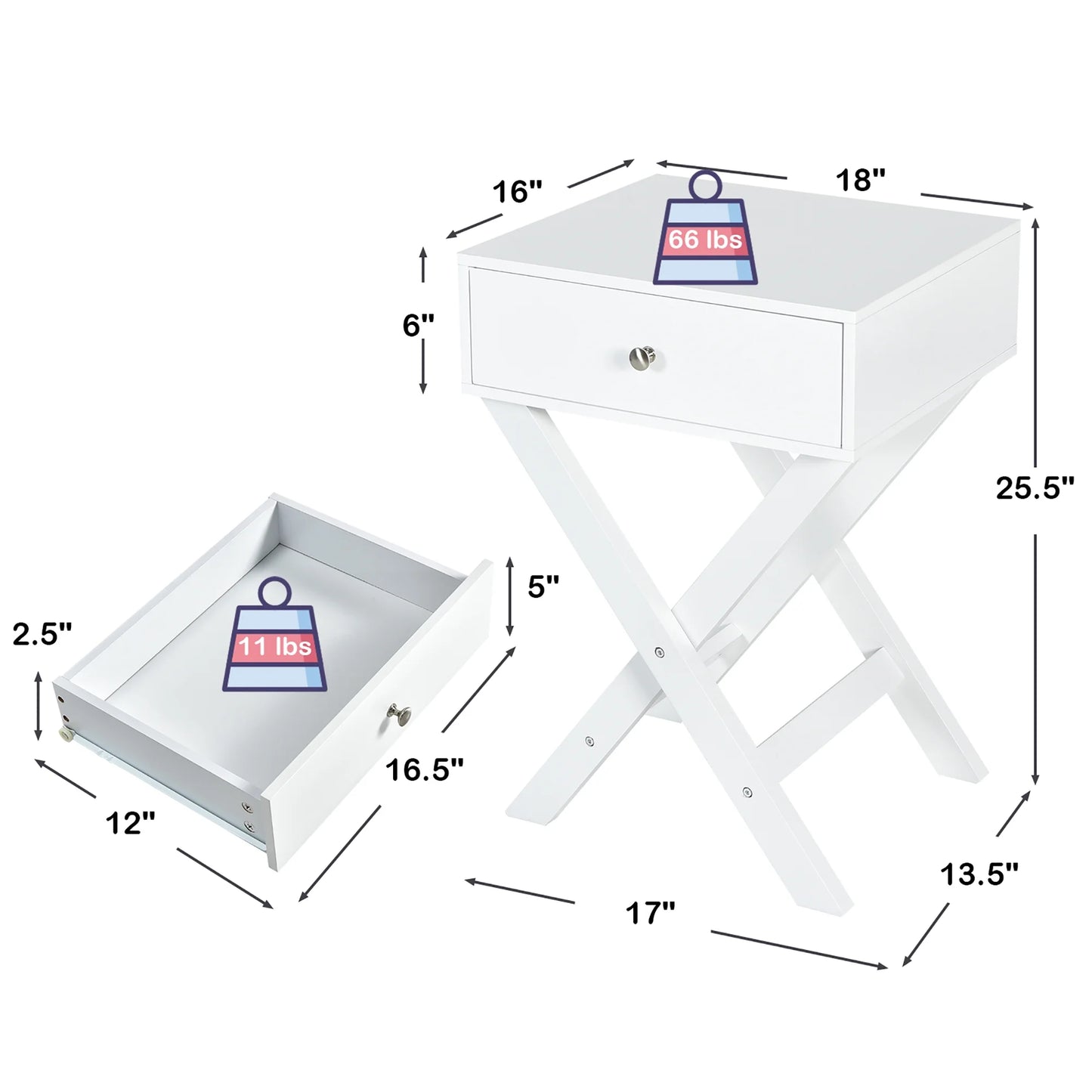 Side Nightstand with Drawer X Shaped Structure Accent Sofa End Table White