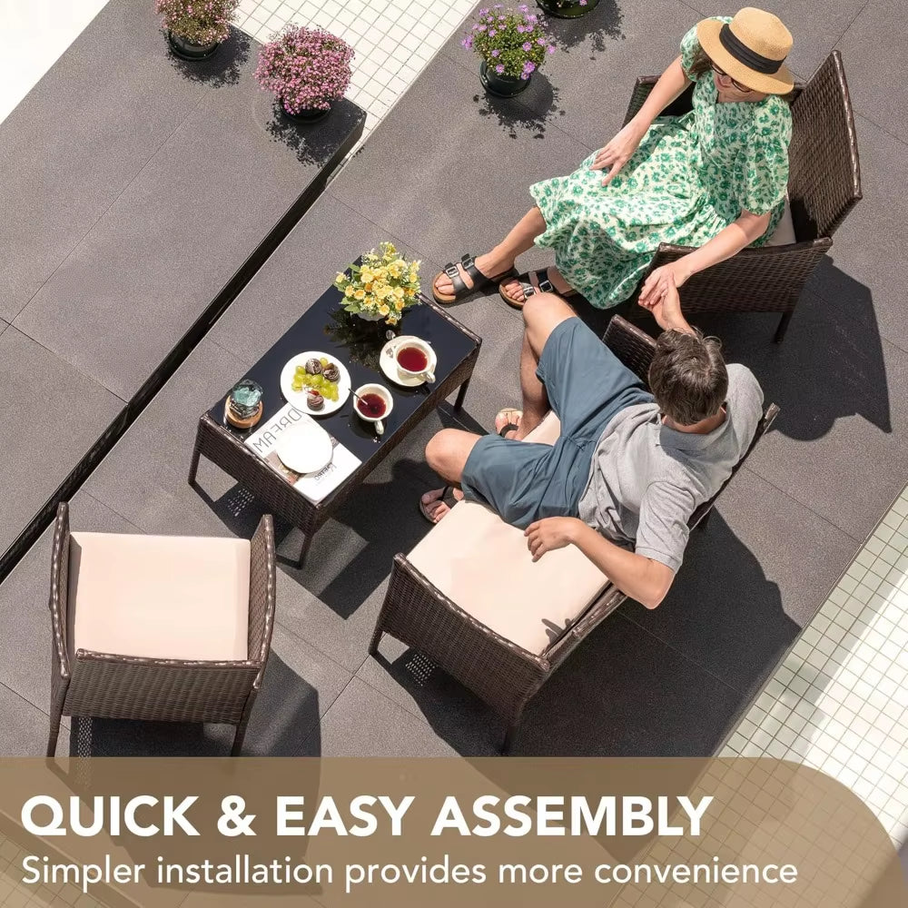 4 Pieces Outdoor Patio Furniture Set, PE Rattan Wicker Chairs Balcony Lawn Porch Patio Furniture Sets with Beige Cushion and Ta