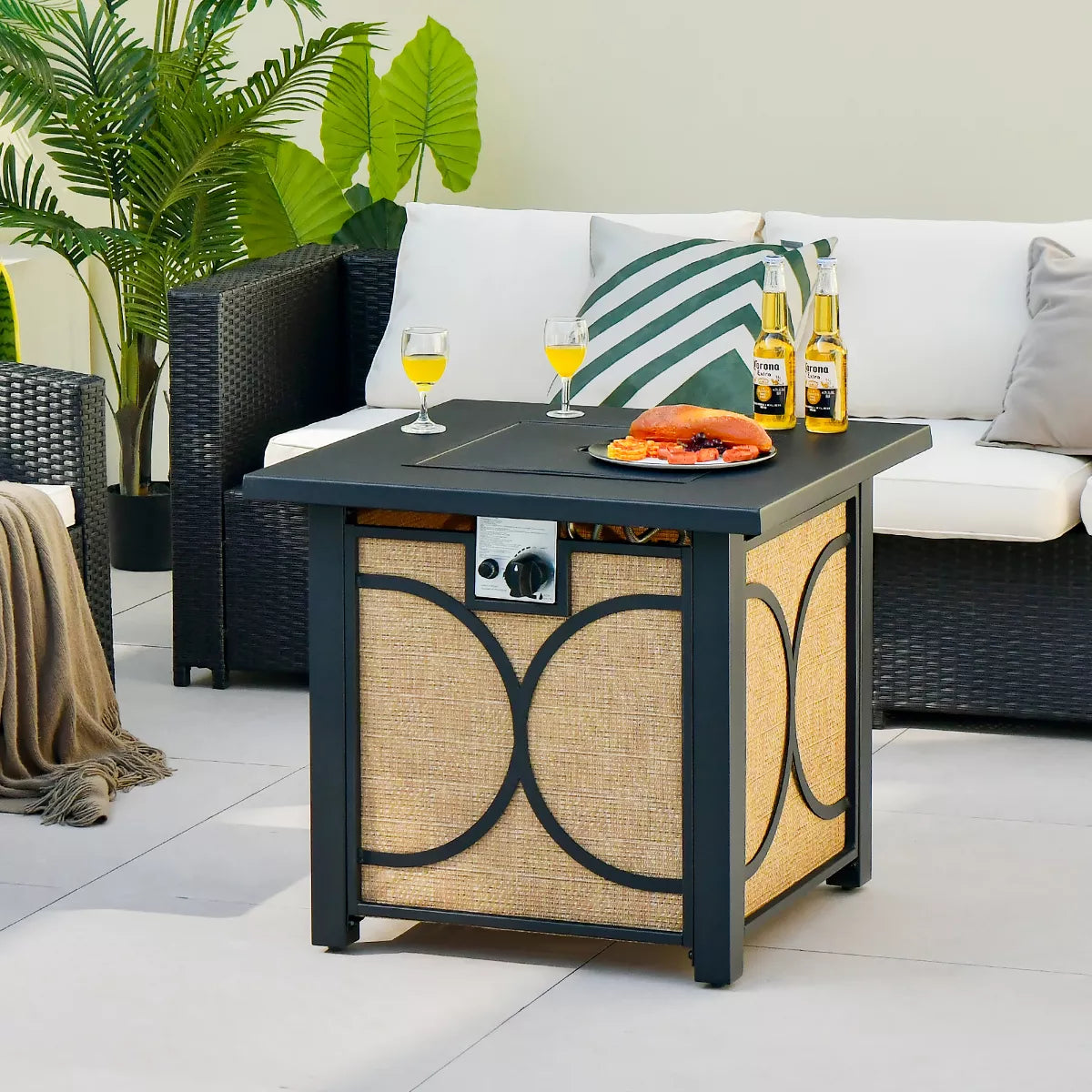 Costway 28 Inch Square Propane Gas Fire Pit Table with Fire Glasses &Rain Cover 50,000 BTU