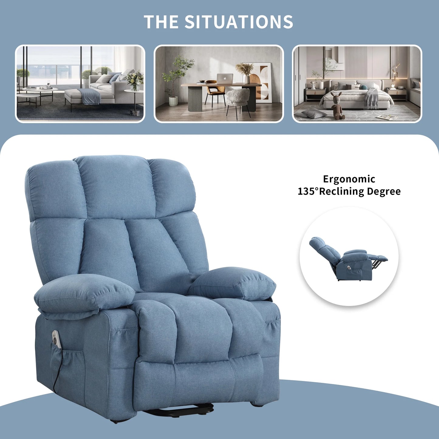 Power Lift Recliner Chair Recliners for Elderly with Heat and Massage Recliner Chair for Living Room with Infinite Position and Side Pocket,Usb Charge Port,Blue