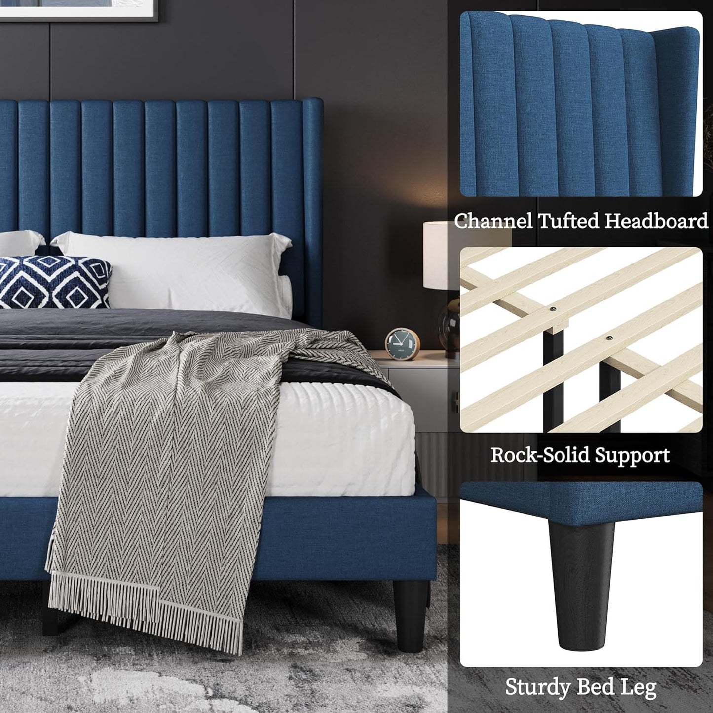 Queen Bed Frame Upholstered Platform Bed with Fabric Headboard, Wing Edge Design/Non-Slip and Noise-Free/Wooden Slats Support/No Box Spring Needed/Easy Assembly, Navy Blue Queen Bed