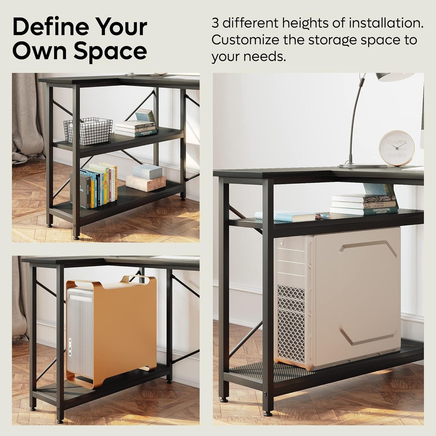 Small L Shaped Gaming Desk with Shelves 47 Inch Reversible Corner Computer Desk Writing Storage Table for Home Office Small Space, Carbon Fiber