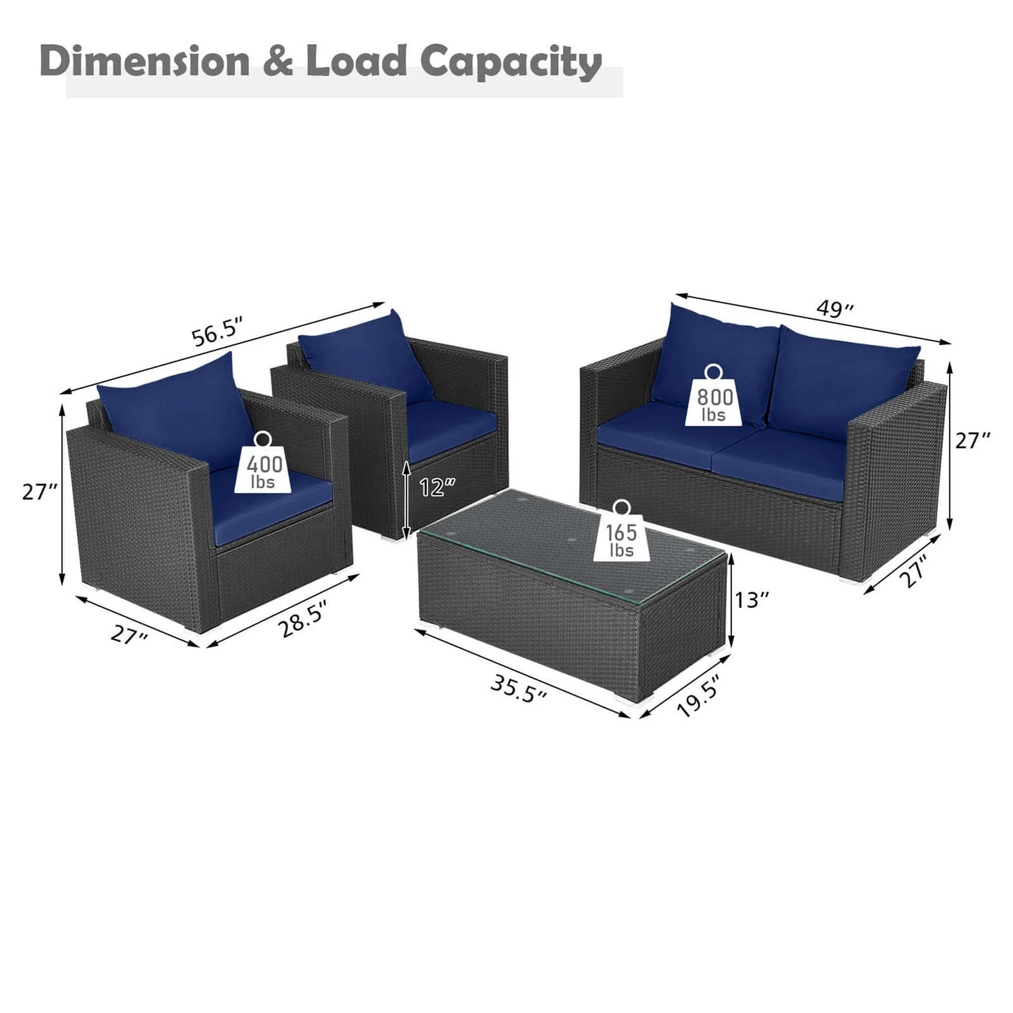 4 PCS Patio Rattan Furniture Set Cushioned Sofa Chair Coffee Table Blue