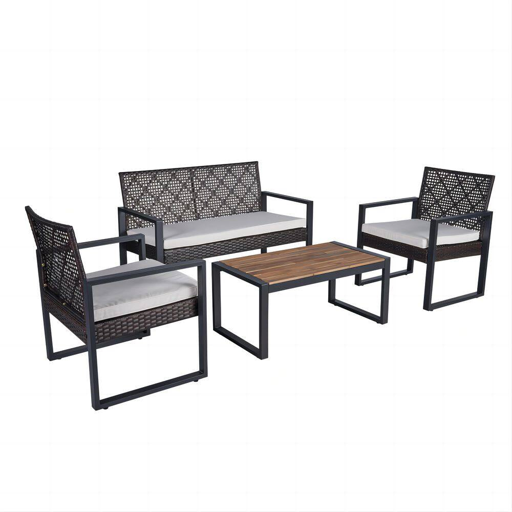 4-Piece Wicker Patio Conversation Set with Cushion, Outdoor Patio Furniture Set with Wood Table Top-Grey Cushions