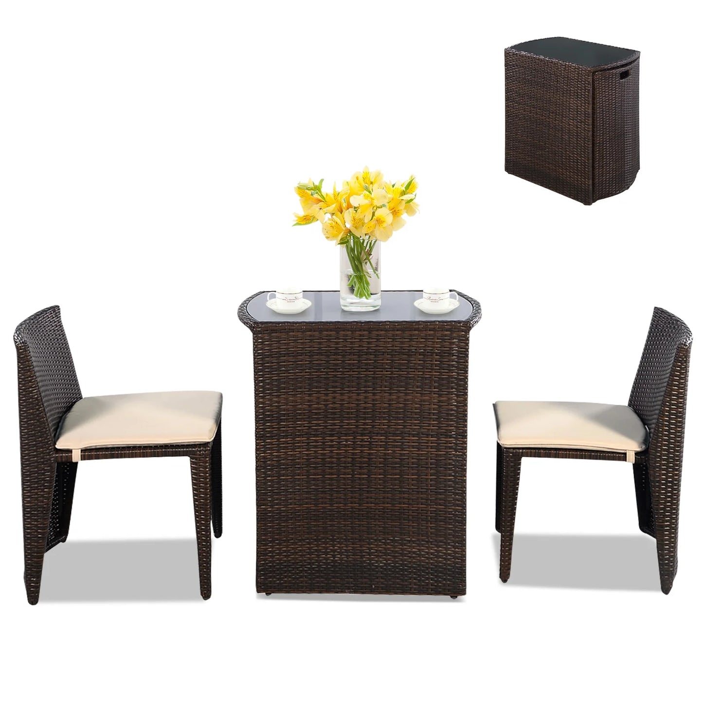3 PCS Cushioned Outdoor Wicker Patio Set Garden Lawn Sofa Furniture Seat Brown No Assembly