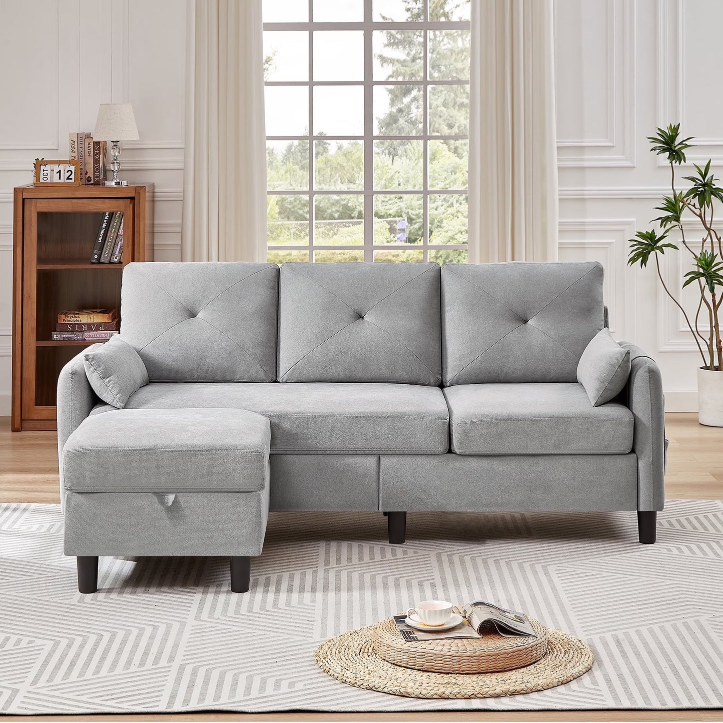 Convertible Sectional Sofa L Shaped Sofa Modern Fabric 3 Seat Couch with Reversible Storage Ottoman and Side Storage Pocket for Living Room Office Apartment Studio