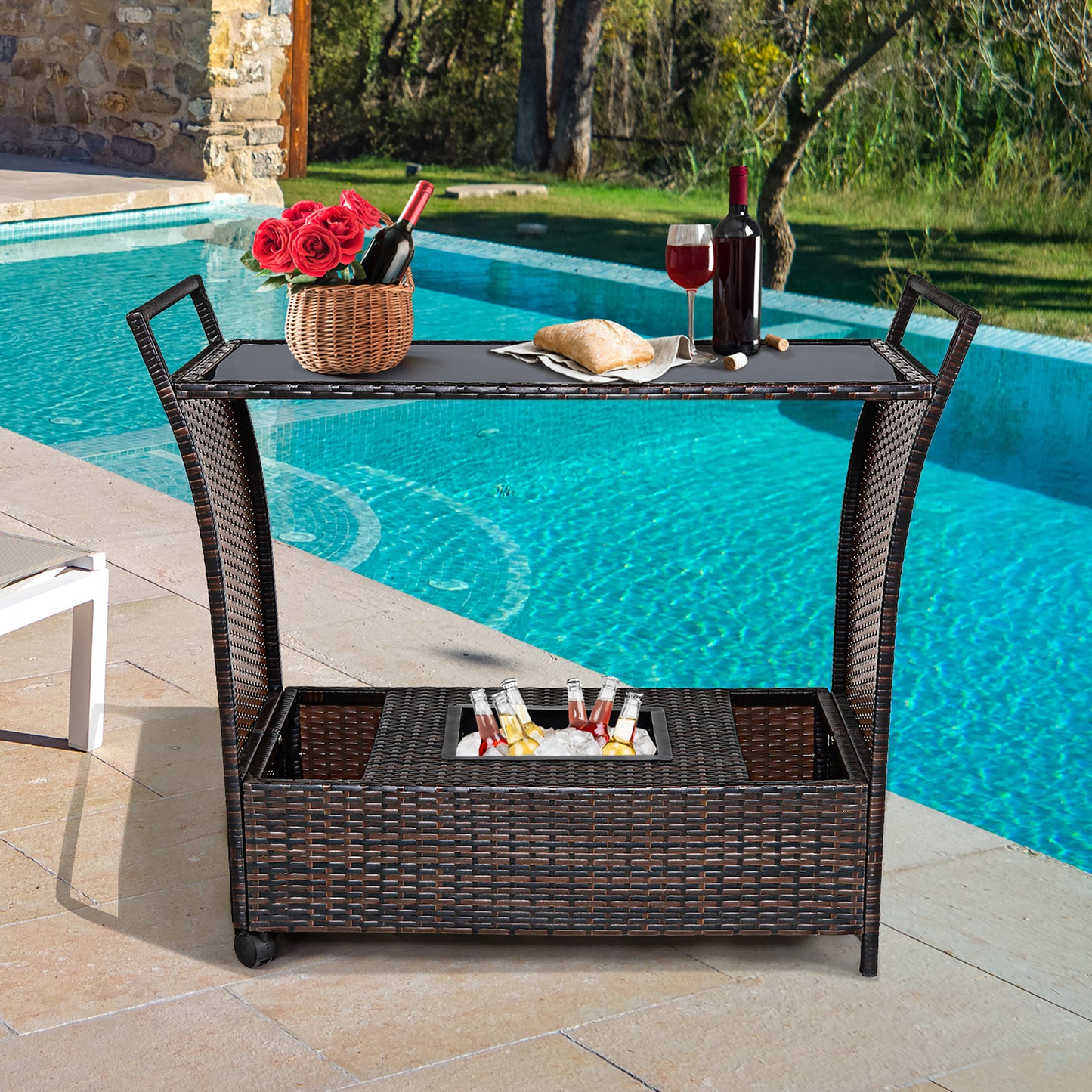 Patio Rolling Rattan Kitchen Trolley Cart Dining Aluminum Frame with Storage Box