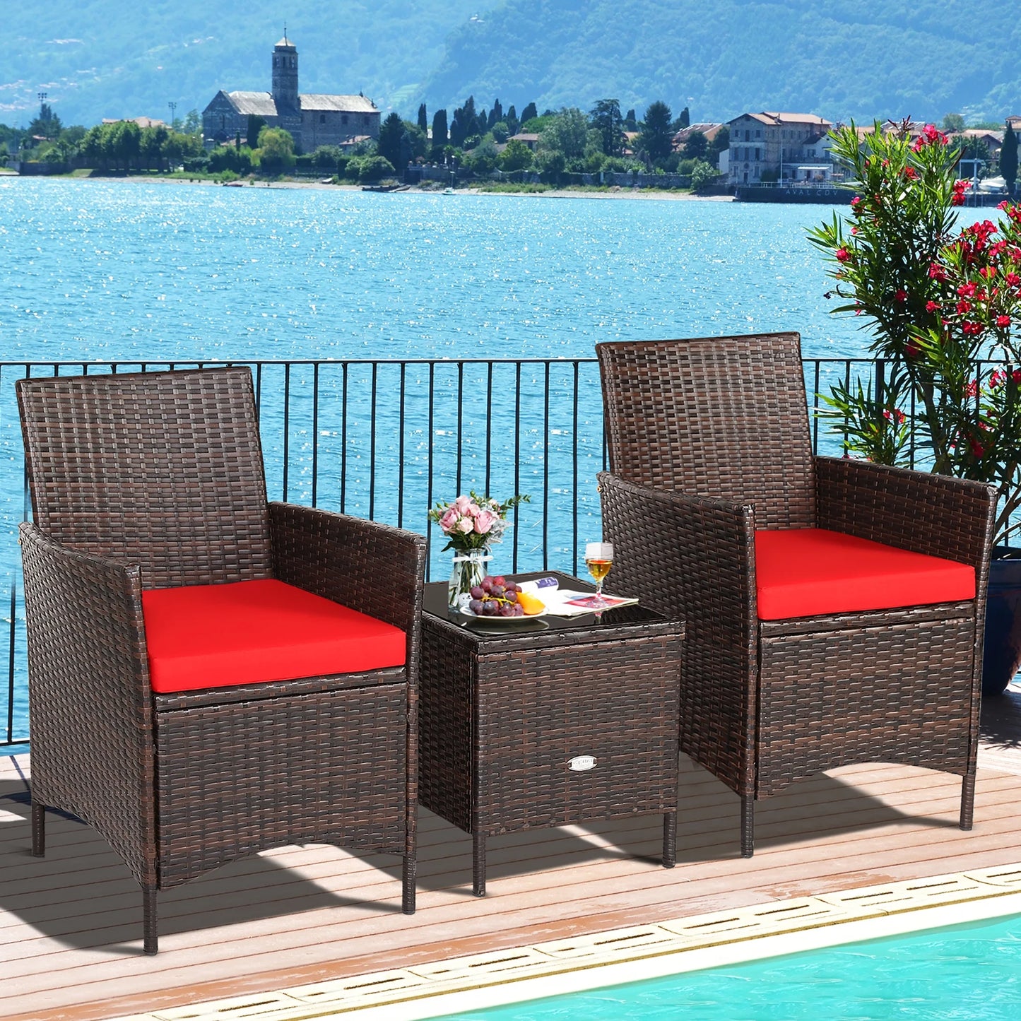 3PCS Patio Rattan Furniture Set Cushioned Sofa Glass Tabletop Deck Red