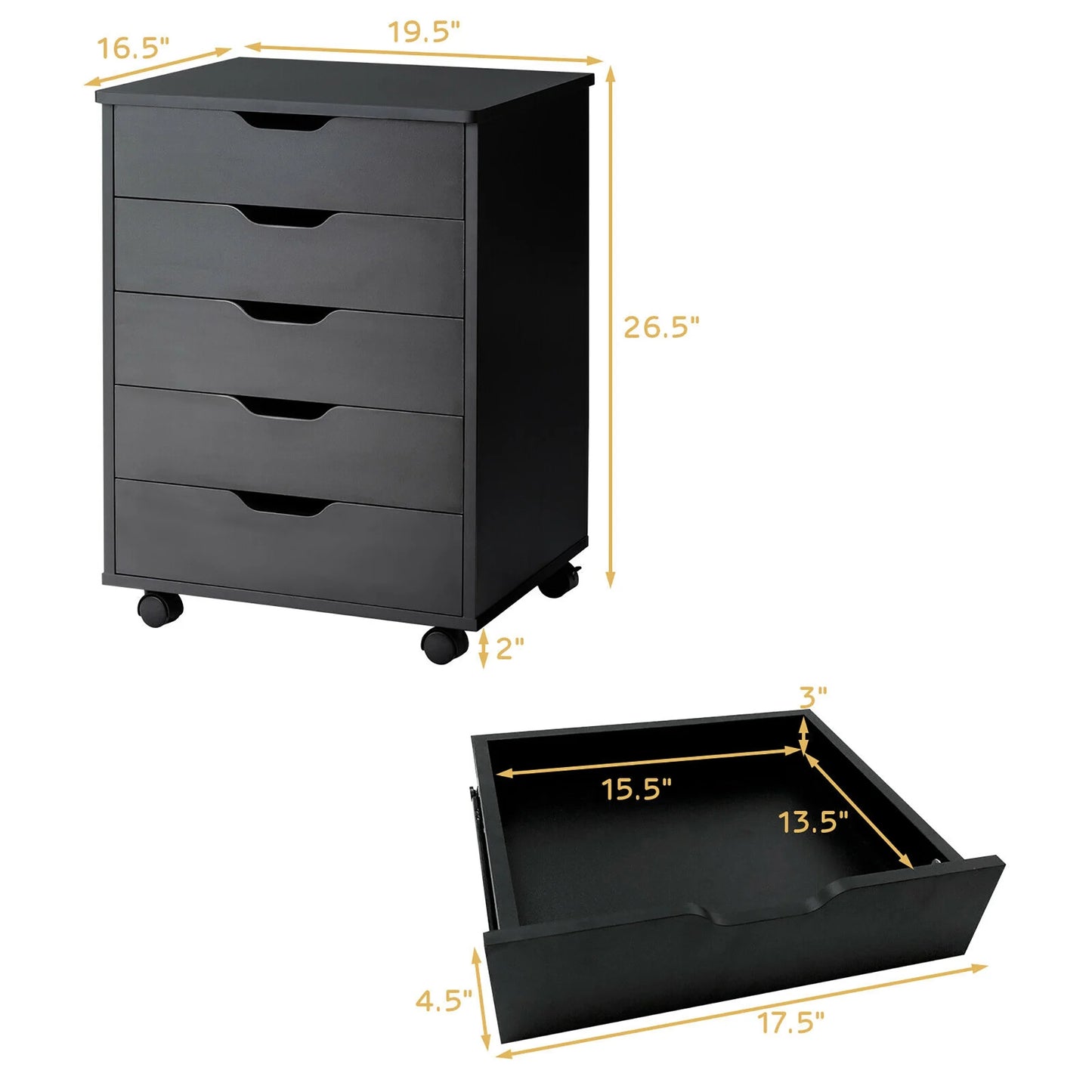5 Drawer Chest Storage Dresser Floor Cabinet Organizer with Wheels Black
