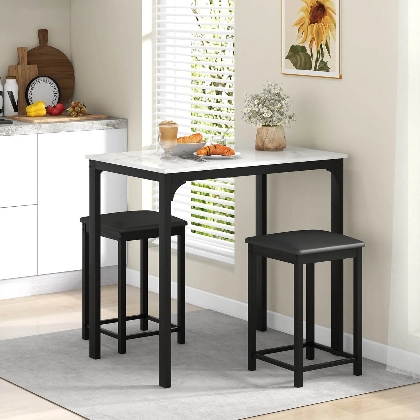 3 Piece Counter Height Dining Set Faux Marble Table and 2 Chairs Kitchen Bar