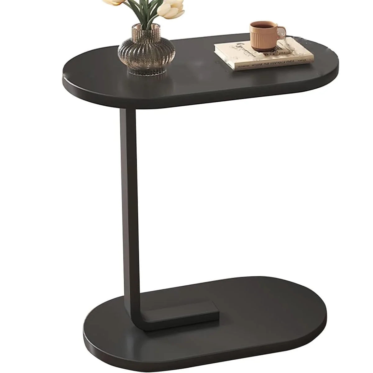 C-Shaped End Table Small Couch Side Table for Sofa Bedside Living Room Bedroom Furniture, 12" W X 18 L X 24.5" H, Walnut & Black