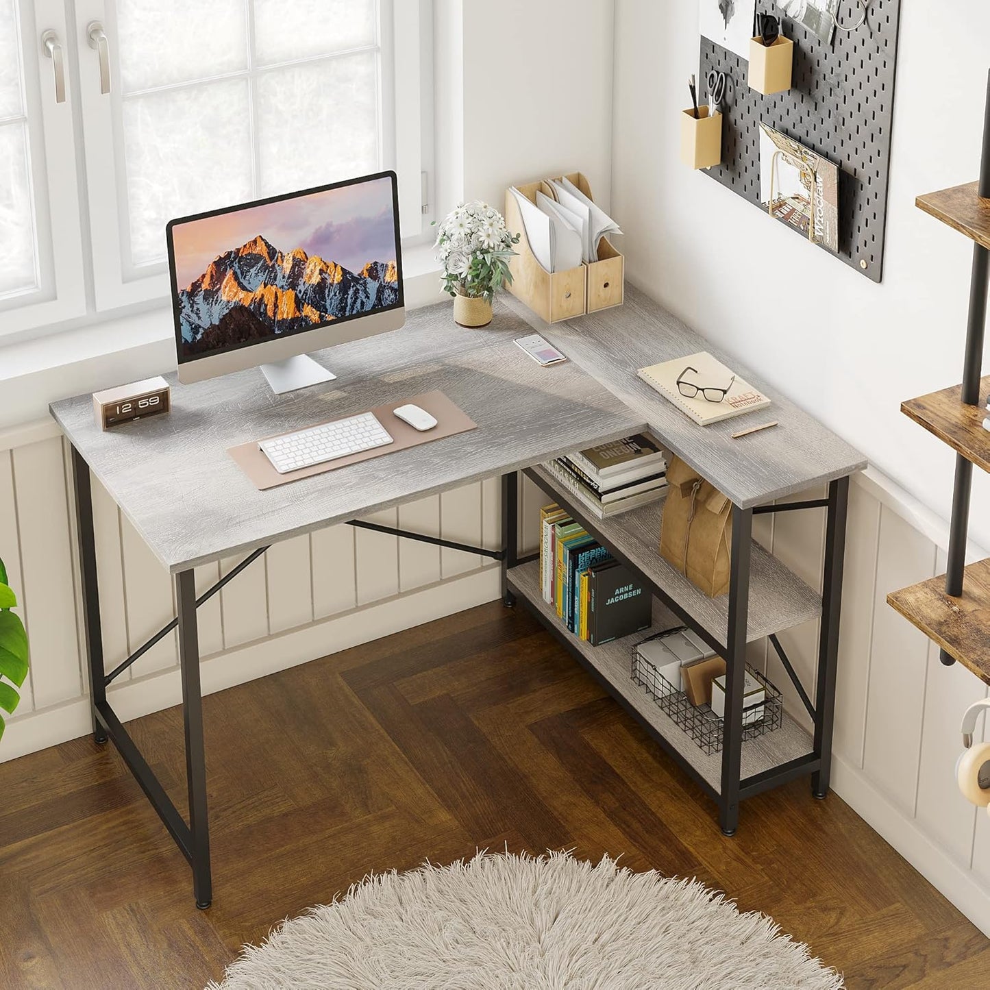 Small L Shaped Desk with Shelves 47 Inch Reversible Corner Computer Desk Writing Gaming Storage Table for Home Office Small Space, Gray Oak