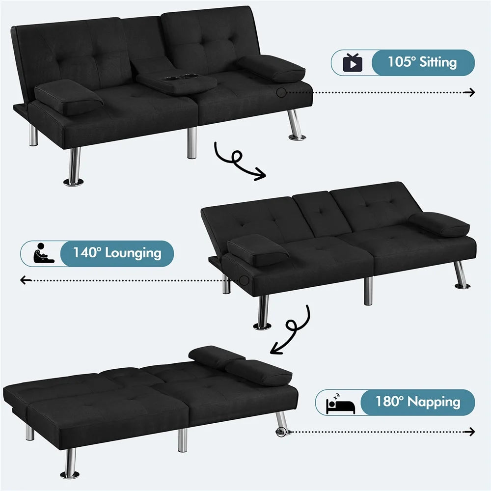 Fabric Upholstered Convertible Futon Sofa Bed with Cup Holders and Pillows, Black